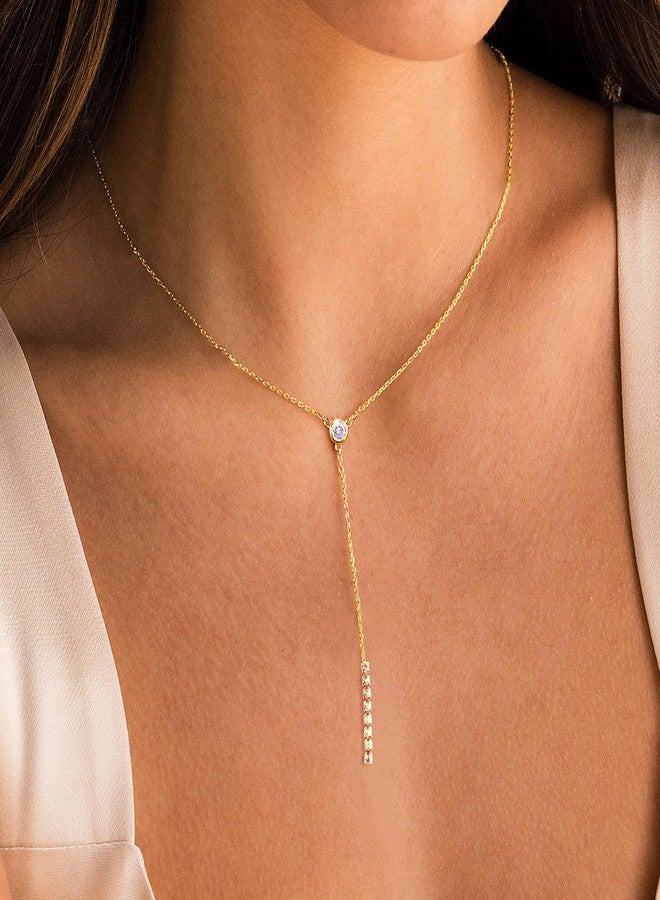 Ewrkbrㅤ Ewrkbr Long Gold Necklaces for Women Trendy, Dainty Lariat Necklace 14k Gold Plated CZ Teardrop Drop Necklace Formal Long Rhinestone Necklace Simple Wedding Waterproof Gold Jewelry for Women - Image 5